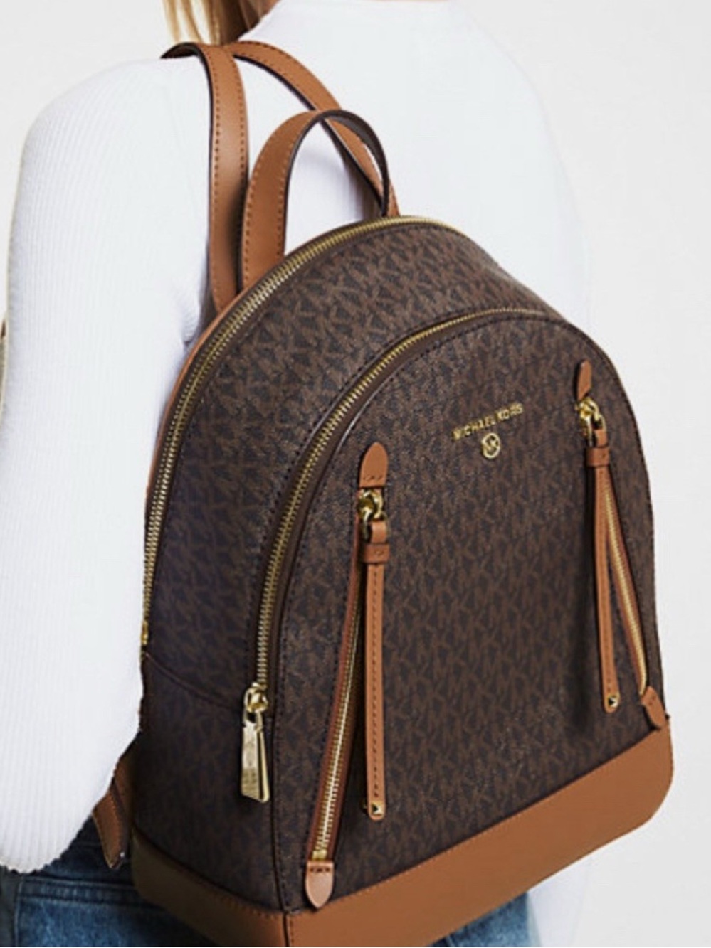 Michael Kors Brooklyn Medium Brown MK Logo Dome Backpack with Tan Trim